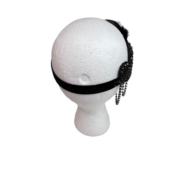 Flappers Style Black Rhinestone Feathered Headband Art Deco Style One Size Adult - Picture 4 of 6